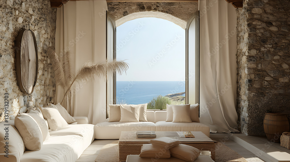 Poster white sofa with beige pillows and floor lamp against window near stone cladding wall, mediterranean 
