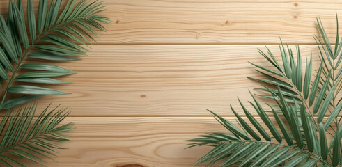 vibrant green palm leaves on light beige wooden surface