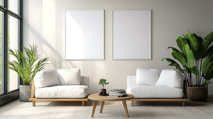 Bright living room interior with two empty white posters