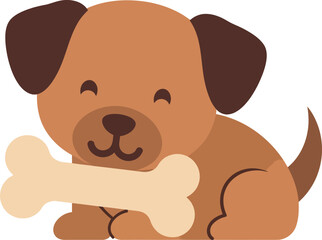 Fototapeta premium Cute brown puppy sitting happily with a bone in its mouth, flat vector illustration