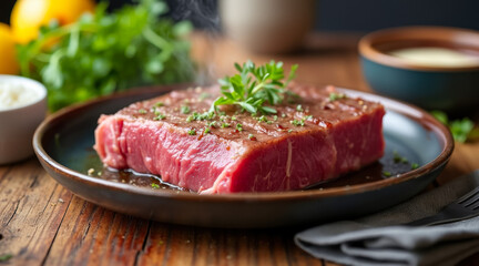 close-up shot of a succulent grilled steak on a plate garnished with herbs