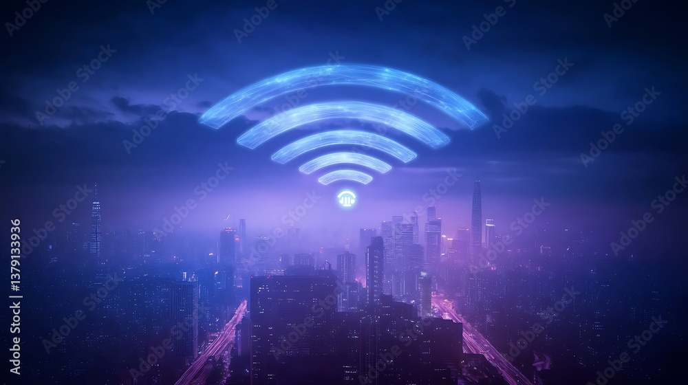 Poster wireless communication network on modern cityscape background