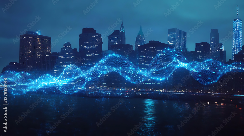 Poster With wavy blue digital wires with antennas against a night metropolis city skyline in a double exposure, this is a concept of smart city and big data connections