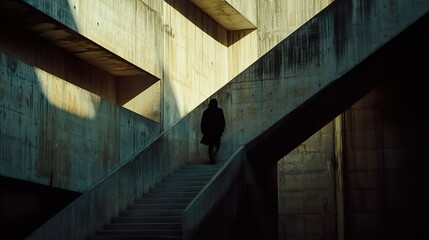 Fototapeta premium Explore the Intriguing Journey of an Individual Navigating a Staircase in a Brutalist Architectural Masterpiece Perfectly Capturing Modern Urban Design Aesthetics