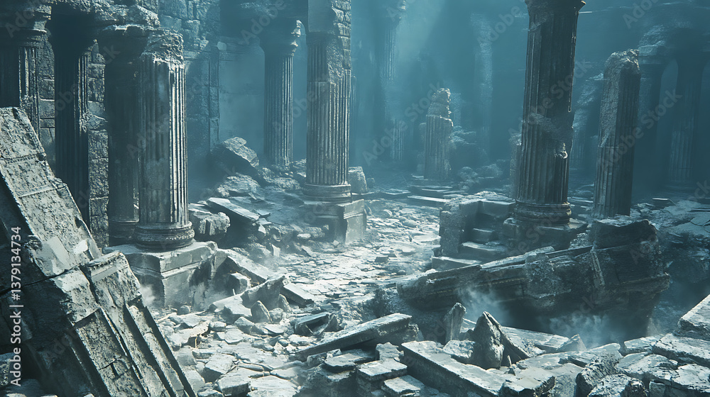 Poster broken columns and stone ruins in destroyed ancient temple
