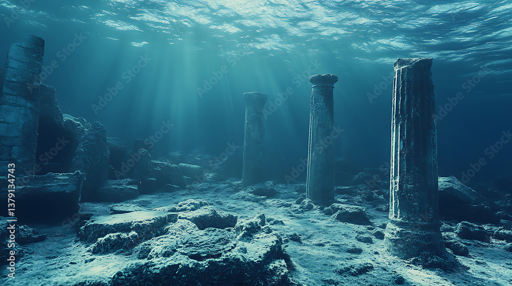 Aufkleber old temple ruins with weathered columns on sea bottom