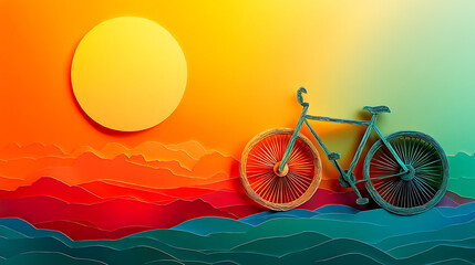 Fototapeta premium Bicycle powered by solar energy, highlight color contrast photography, paper cut craft