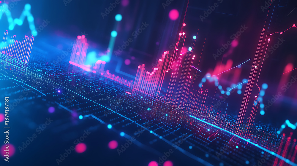 Poster Abstract graph visualization of business statistics complexity analytical diagrams in technology background bright neon dark