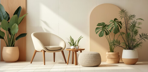 Fototapeta premium cream armchair with wooden side table and woven ottoman in a sunlit living room