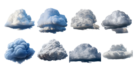 Collection of Various Cloud Formations in Different Shapes and Textures, Bundle Set Collection, Isolated on Transparent Background