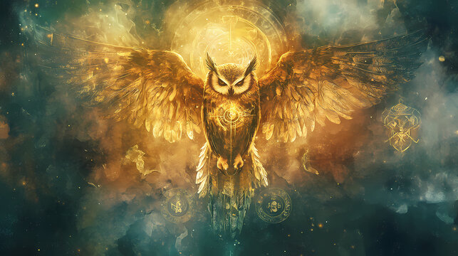 Mystical strix tarot card with owl-like figure amidst magical symbols. Obscured Talisman. Illustration