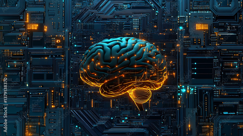 Aufkleber brain is in the background through many circuit boards