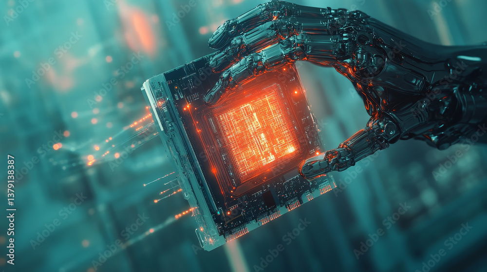 Poster futuristic animation concept: high-tech authentic robot arm holding contemporary super computer proc