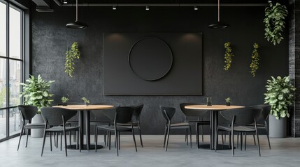 Modern Restaurant Interior with Black Walls, Minimalist Design and Plants