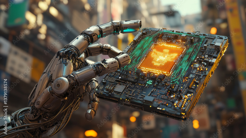 Poster futuristic animation concept: high-tech authentic robot arm holding contemporary super computer proc