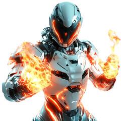 Robot with Fire in His Hands Isolated on Transparent Background