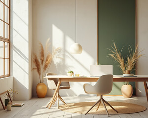 bright and airy minimalist home workspace with natural elements