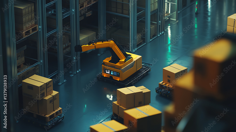 Aufkleber Work on smart warehouse, robot arm places boxes on pallets, automation logistics on smart stock storage, industry robot with ai on factory floor, technologies business concept