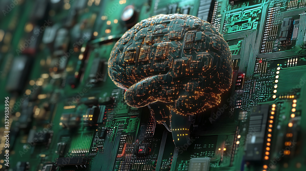 Poster Brain is in the background through many circuit boards