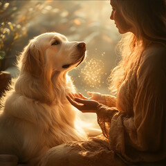 An ethereal depiction of an animal Reiki session featuring a serene dog surrounded by a soft glowing light The setting is calm and naturalperhaps a cozy living
