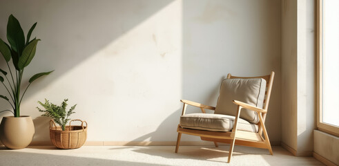 Fototapeta premium beige cushioned wooden armchair in a sunlit room