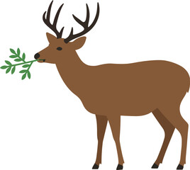Obraz premium Brown deer with antlers holding a green leaf in its mouth, minimal vector illustration