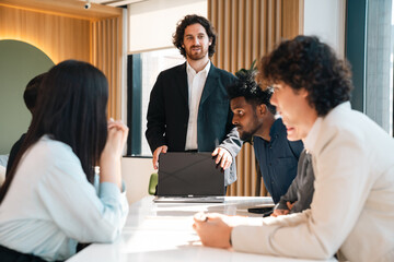 Successful Business Meeting, Professional Seminar with a Team of Businessmen and Businesswomen, Engaging in Productive Discussions, Presentations Strategic Planning to Enhance Corporate Communication