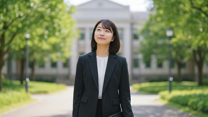 緑に囲まれた校舎前で希望を見つめる新社会人女性
