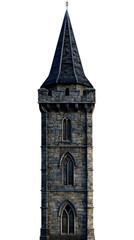 Tall Medieval Stone Tower with Gothic Windows and Pointed Roof on Dark Setting for Fantasy and Historical Architecture Concepts