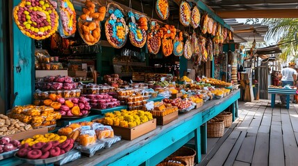 Colorful street market stall with traditional Brazilian sweets and decorative food displays.
