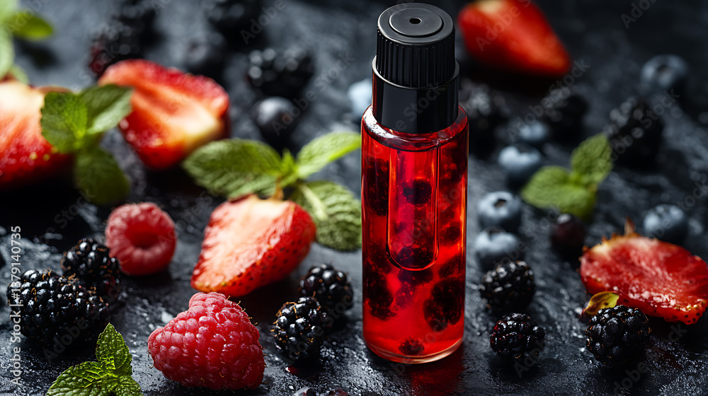 Aufkleber container filled with liquid used for vaping, containing flavored e-liquid infused with berries and 