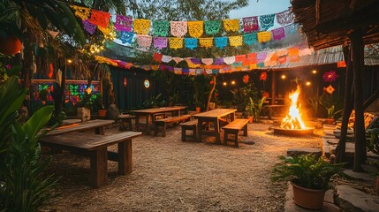 Naklejka premium Festive outdoor courtyard with wooden tables, colorful flags, and a bonfire at night. 
