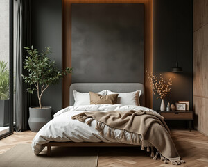 modern bedroom interior featuring a cozy bed with neutral palette and wooden accents