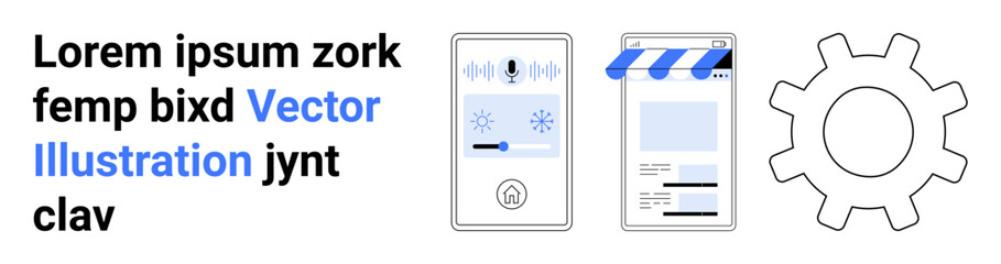 Text block, smartphone with app interface, mobile screen with content, and gear. Ideal for technology, features, connectivity, interface design, digital tools mobile apps and simple landing page