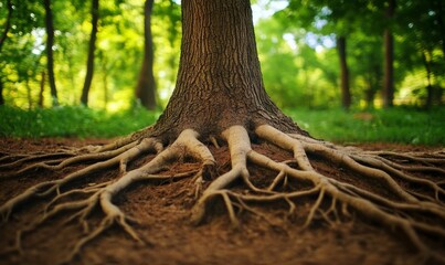 Fototapeta premium Tree trunks and roots in the foreground with a blurred forest background featuring distinct cortex bark textures, outdoors, woody
