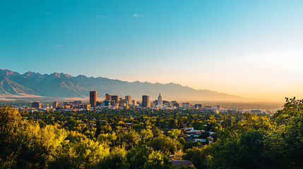 Panoramic photo of the salt lake city skyline with mountains in the background the sky is a beautiful clear blue golden hour lighting