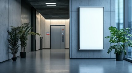an office hallway featuring an LCD screen stand, open and closed elevator doors, plants, and a blank advertising display with copy space