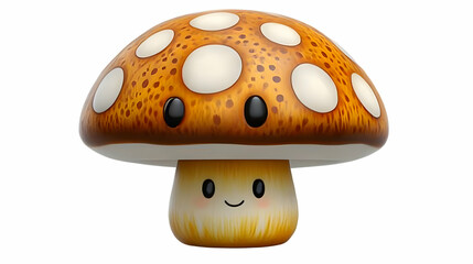 Cute Cartoon Mushroom Character with Brown Cap and White Spots on White Background
