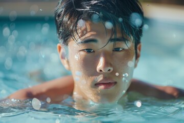 Portrait of a young Asian man swimming in a pool during summer