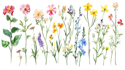 Diverse collection of hand-drawn wildflowers featuring various species and colors, ideal for educational and decorative