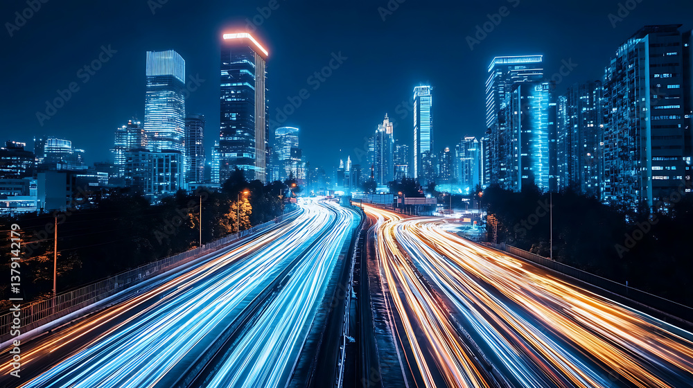 Poster dynamic cityscape with light trails representing fast movement on the highway