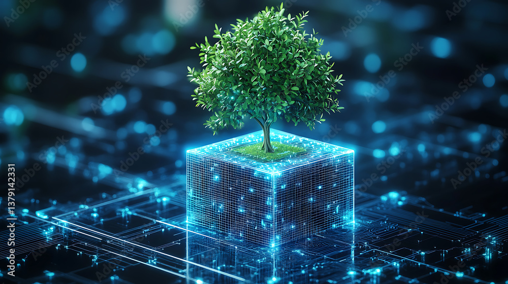 Poster circuit digital cube with tree growing on top, blue light and wireframe network background, concept 