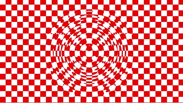 A vibrant and mesmerizing abstract background featuring a red and white checkered pattern distorted to create an optical illusion. This eye-catching design is perfect for adding a modern and dynamic