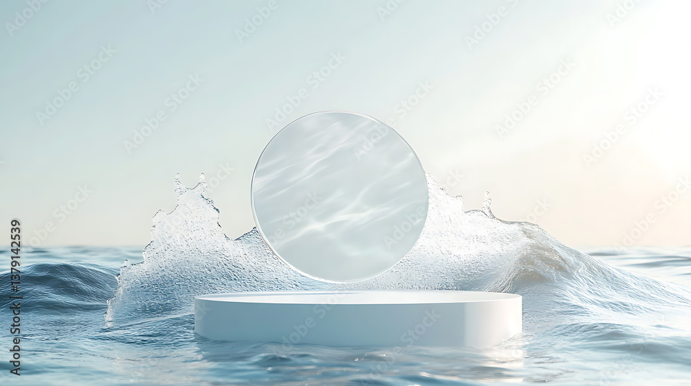 Aufkleber Flat lay cosmetic mockup with a clear white circle podium on a transparent calm water texture while a splash and wave are reflected in the sunlight, abstract nature background for product