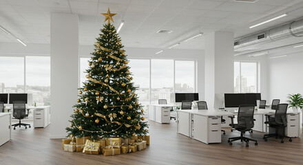 Festive Office: Christmas Tree, Gifts, and Workplace Cheer. Celebrate Holidays at Work. Modern Corporate Holiday Season Decor.