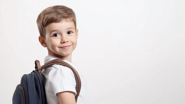Smiling schoolboy on a light background, space for text.