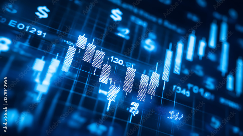Poster stock market background with dollar signs and financial charts in a blue color scheme, with white nu