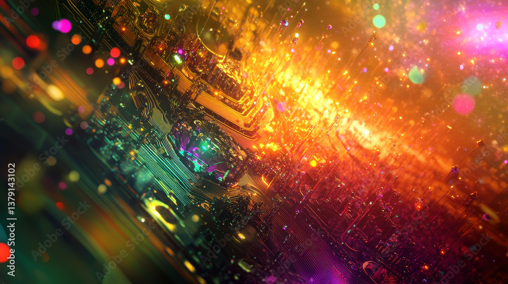 Poster neon theme visualization of circuit board cpu processor starting digitalization process and informat