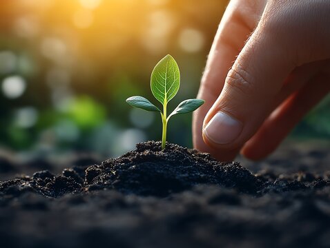 Close-up of a person's hand nurturing a young green plant emerging from the soil in sunlight