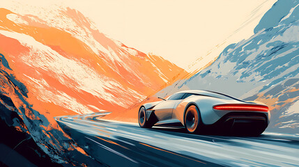 Fototapeta premium Generic and unbranded modern car running on mountain street, illustration